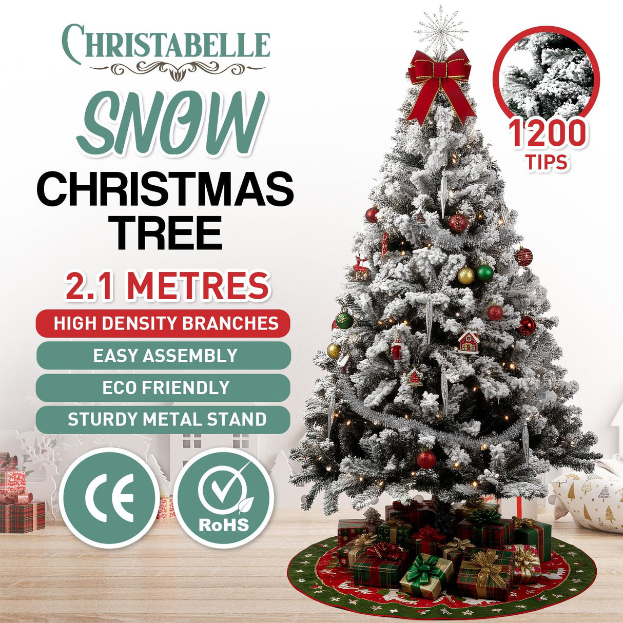 Snow-Covered 2.1m Christmas Tree with 1200 Lush Tips