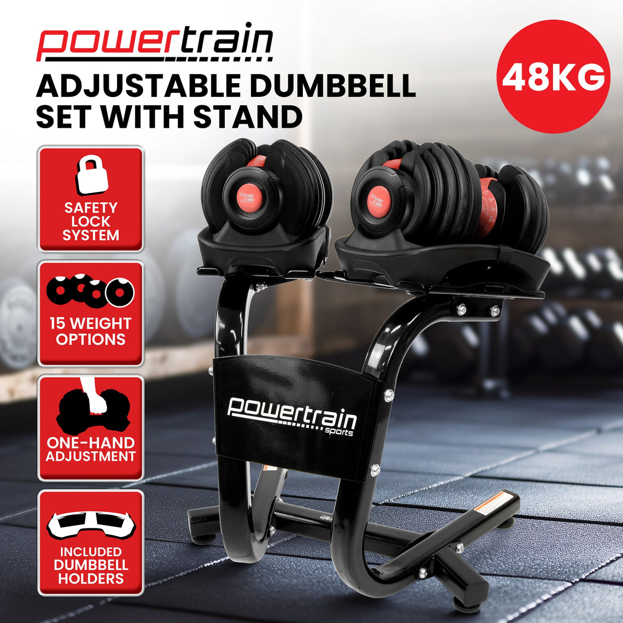 Powertrain 48kg Adjustable Dumbbells with Dumbbell Stand  Red