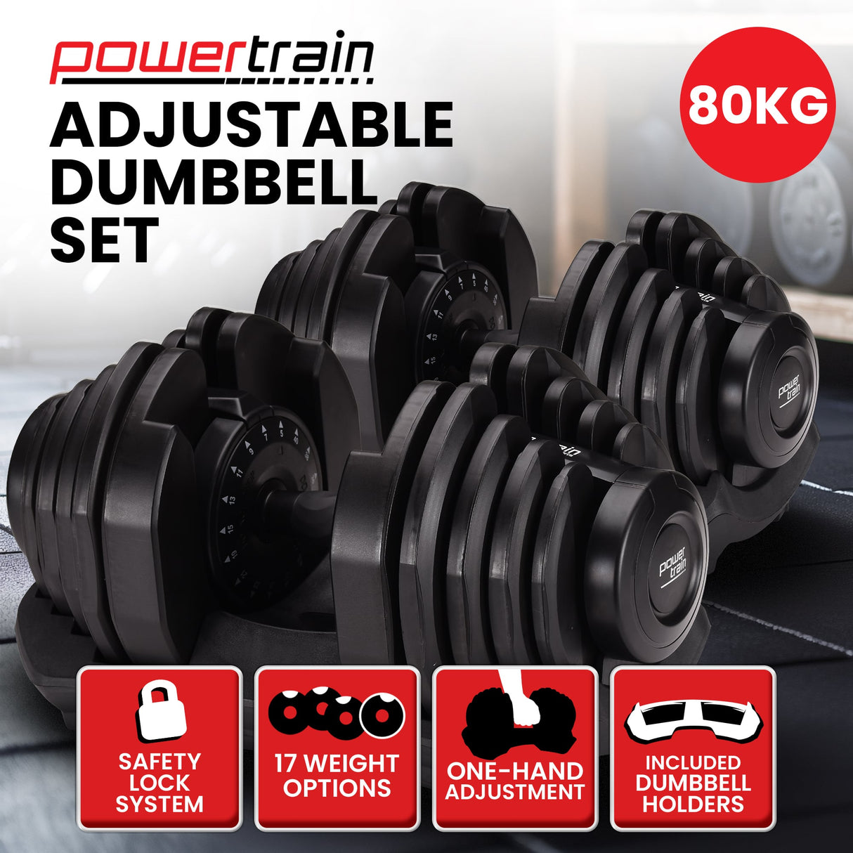 Powertrain 2 x 40kg Powertrain Adjustable Dumbbells Home Gym Set