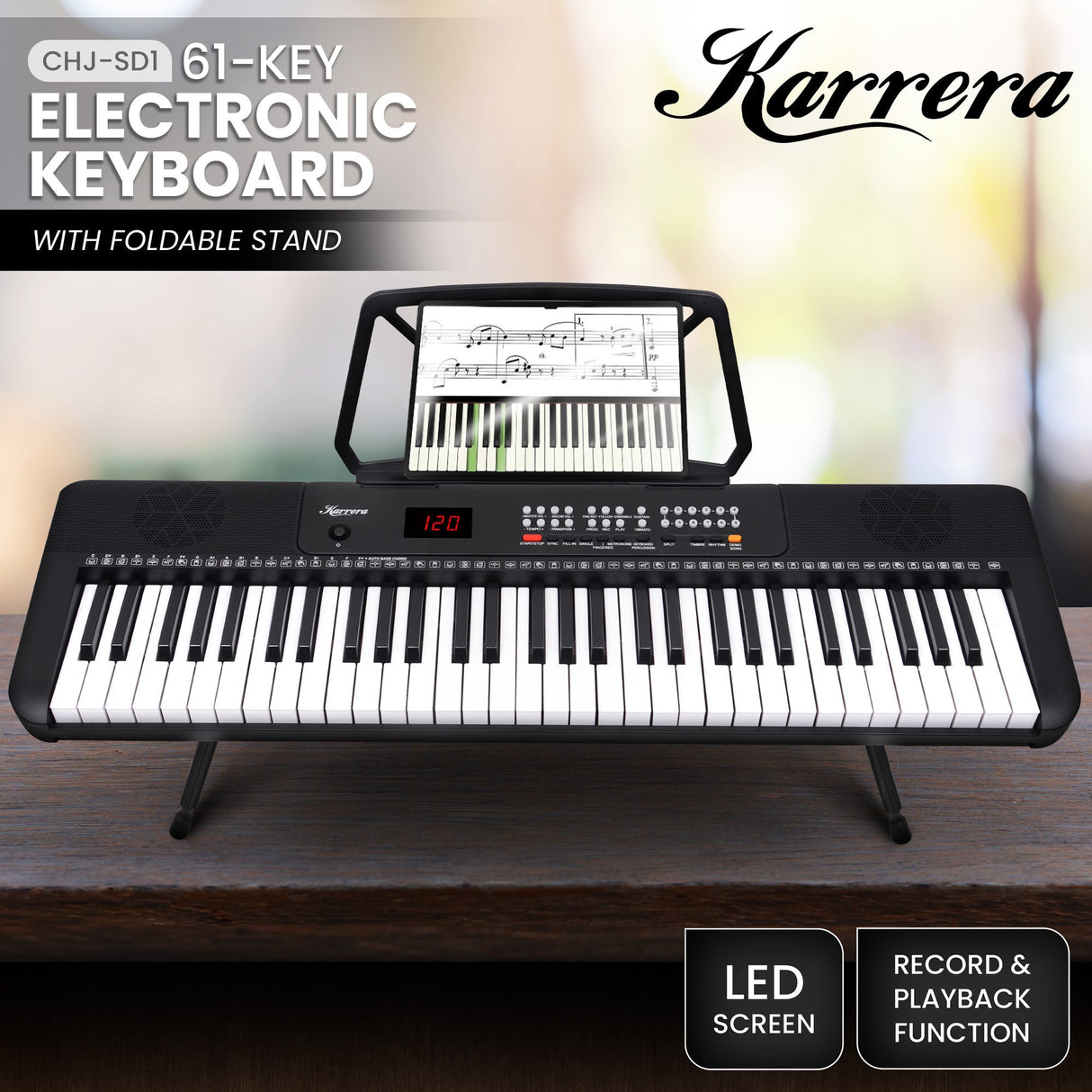 Karrera 61-Key Electronic Piano Keyboard with LED and Folding Stand in Black CHJ-SD1