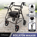 Orthonica Foldable Steel Frame Rollator Walker Lightweight Mobility Aid in Grey - Front View