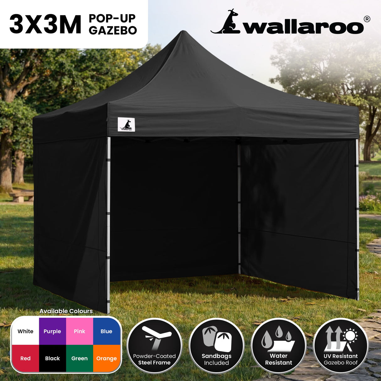 Wallaroo Gazebo Tent Marquee 3x3 PopUp Outdoor Black