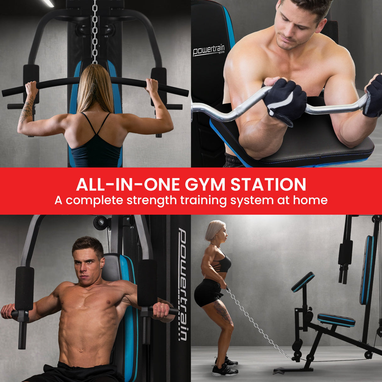 Powertrain JX-300 Multi Station Home Gym 44kg Weight Stack Cable Machine, Curl Pad Leg Extension and