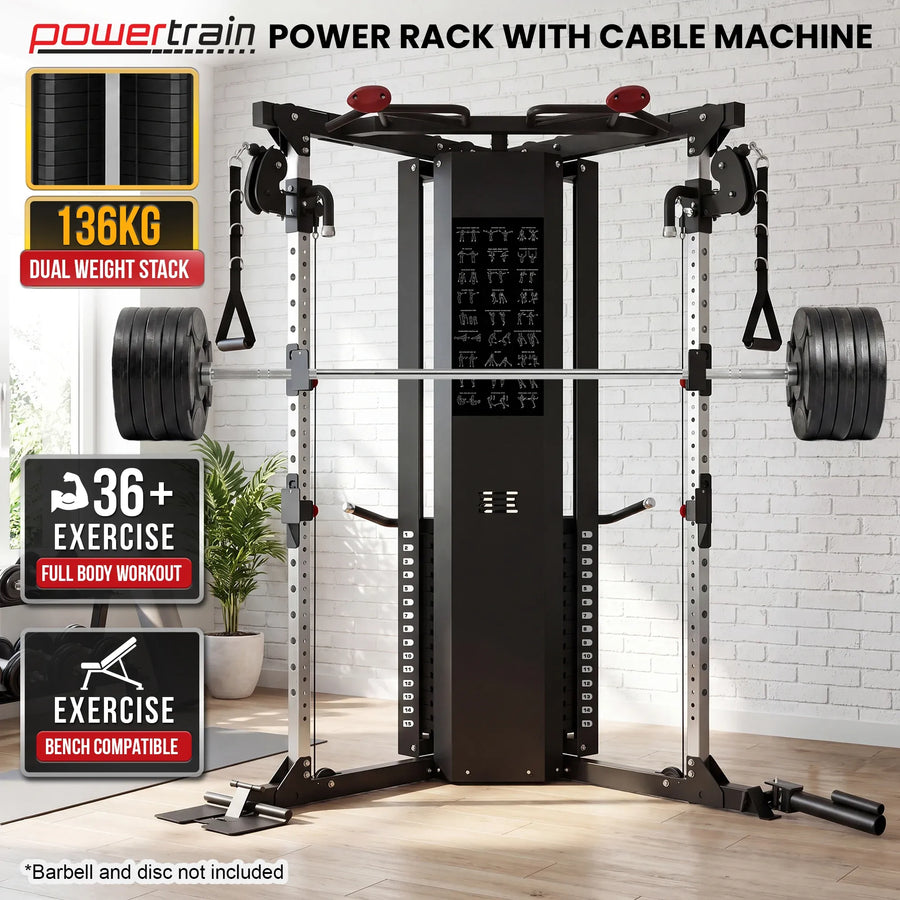 Powertrain Functional Trainer Power Rack Home Gym Cable Crossover Machine with 136kg Dual Weight Stack & Pull Up Bar