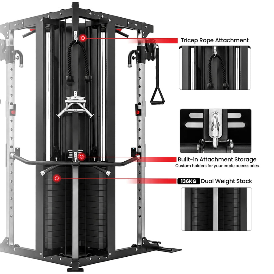 Powertrain Functional Trainer Power Rack Home Gym Cable Crossover Machine with 136kg Dual Weight Stack & Pull Up Bar