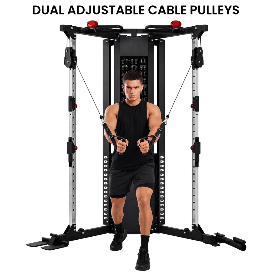 Powertrain Functional Trainer Power Rack Home Gym Cable Crossover Machine with 136kg Dual Weight Stack & Pull Up Bar