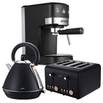 Pronti Breakfast Set with Rose Gold Kettle & Toaster with 1.2L Espresso Machine - Black