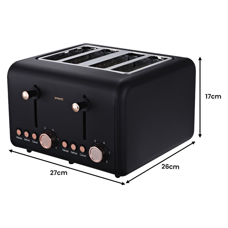 Pronti Breakfast Set with Rose Gold Kettle & Toaster with 1.2L Espresso Machine - Black