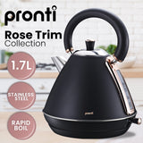 Elegant Rose Gold Trim 1.7L Stainless Steel Kettle - Black - Front View