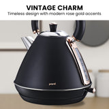 Elegant Rose Gold Trim 1.7L Stainless Steel Kettle - Black - 45-Degree Angle