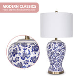 Sarantino Table Lamp Ceramic Floral Base Cotton Drum Shade - 45-Degree Angle