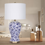 Sarantino Table Lamp Ceramic Floral Base Cotton Drum Shade - Close-Up Angle