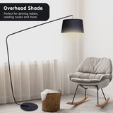 Sarantino Metal Arc Floor Lamp in Black Finish with Linen Taper Shade - 45-Degree Angle