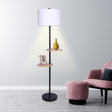 Sarantino Metal Floor Lamp Shade with Black Post in Round Wood Shelves - 45-Degree Angle