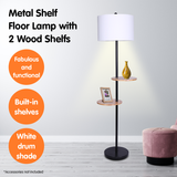 Sarantino Metal Floor Lamp Shade with Black Post in Round Wood Shelves - Rear View