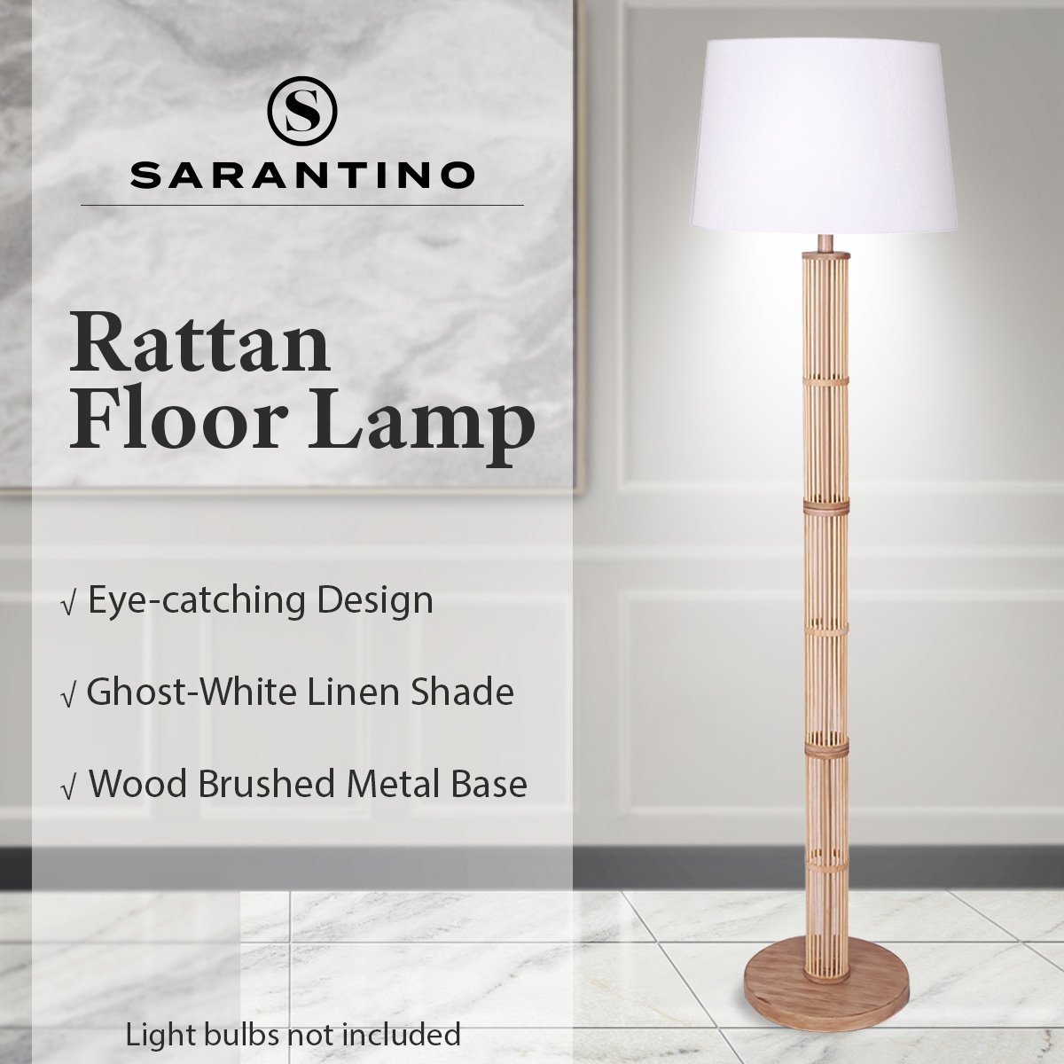 Sarantino Rattan Floor Lamp With Ghost-White Linen Shade