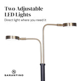 Sarantino LED Metal Floor Lamp with 2 Lights in Brushed Gold and Black Finish - 45-Degree Angle