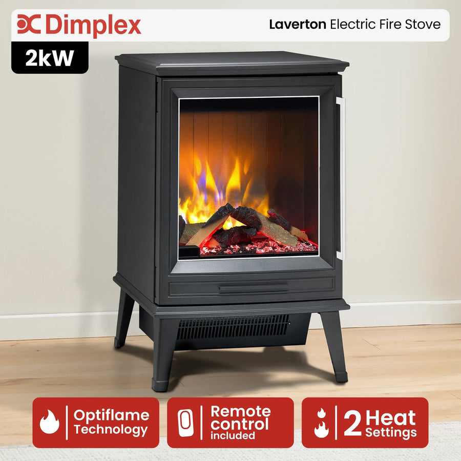 Dimplex Laverton 2kW Freestanding Electric Fireplace Stove Heater, 3D Optiflame Effect, Remote Control, Matte Black