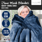 Laura Hill 600gsm Faux Mink Blanket Queen Size Double-sided Throw Rug Large Super Luxurious Soft - Blue - Side View