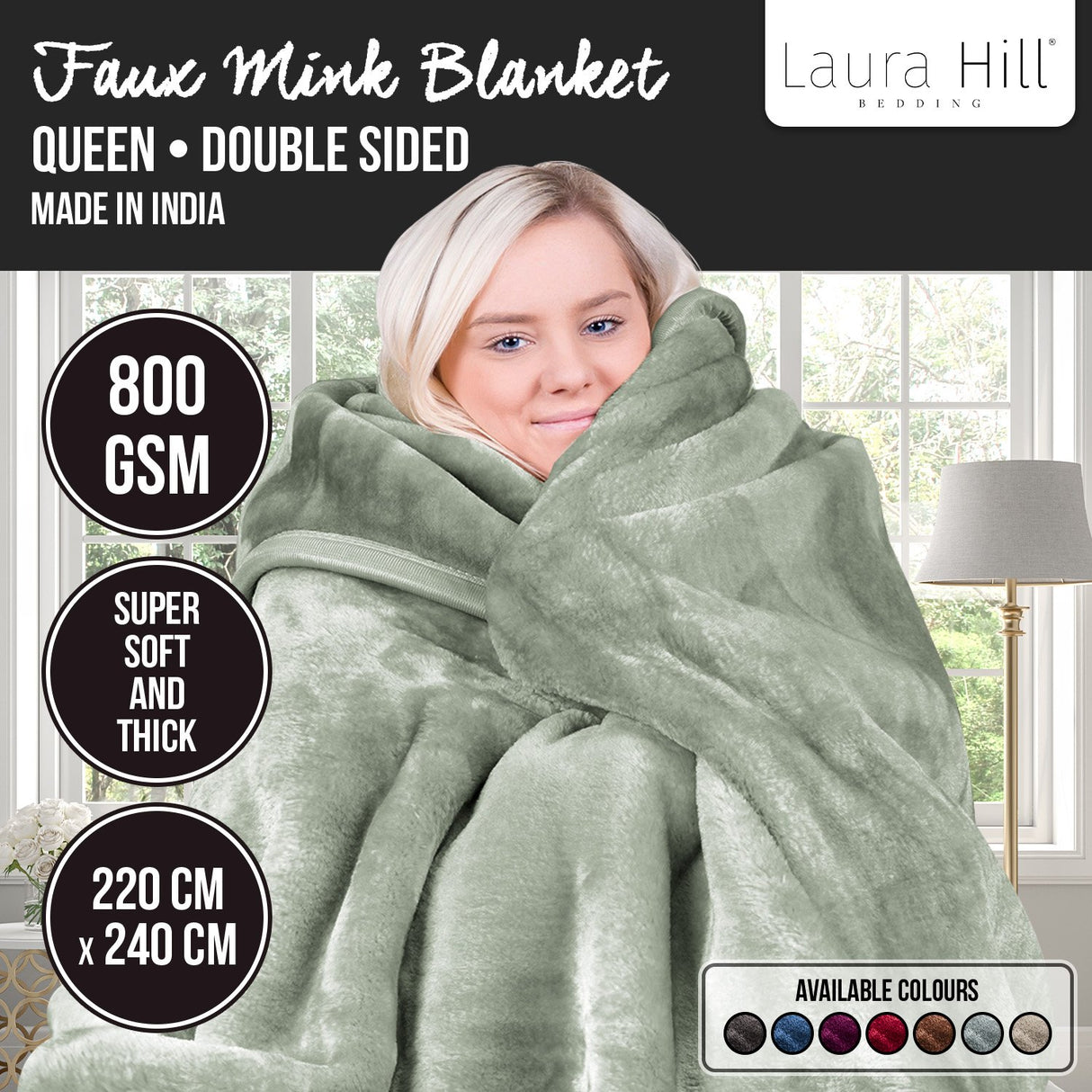 Laura Hill 800-GSM Mink Blanket Queen Size Double-Sided Soft Plush Bed Faux Throw Rug 220 X 240cm Heavy Sage