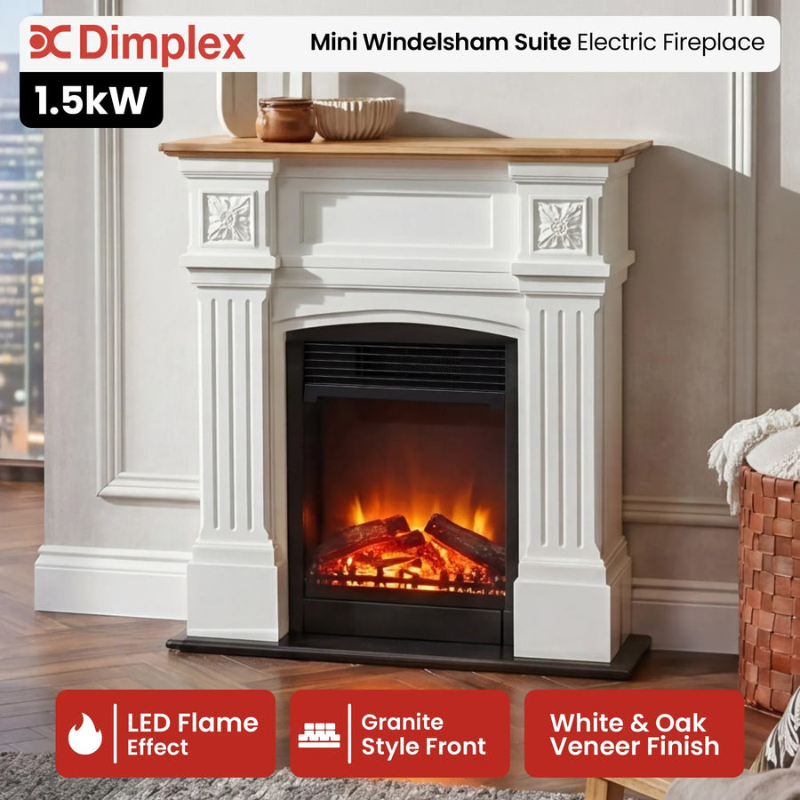 Dimplex Mini Windlesham 1.5kW Freestanding Electric Fireplace Suite, Realistic LED Flame Effect Heater, White & Oak