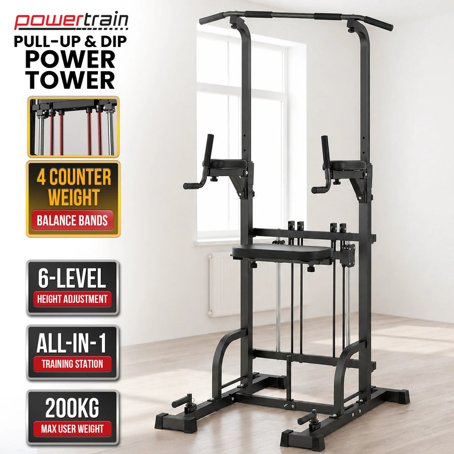 Powertrain Power Tower Pull Up Chin Up Dip Station Adjustable Multi-Function Home Gym Strength Training Equipment