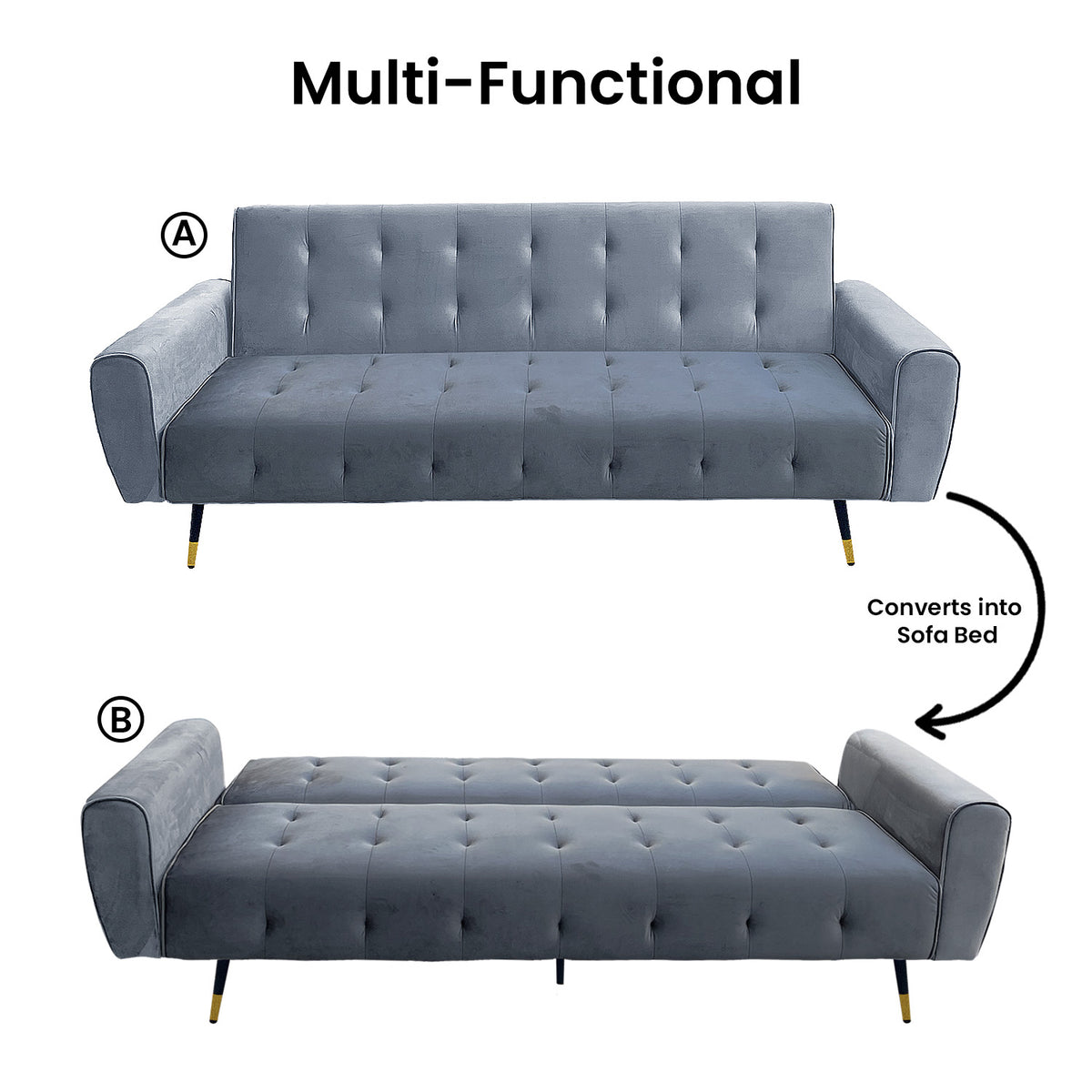 Sarantino Ava 3-seater Tufted Velvet Sofa Bed By Sarantino - Light Grey