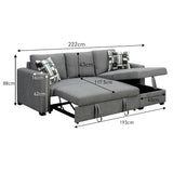 Sarantino Fontana Pullout Sofa Bed with Storage Chaise Lounge - Grey - Front View