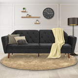 Sarantino Faux Velvet Tufted Sofa Bed Couch Futon - Black - 45-Degree Angle