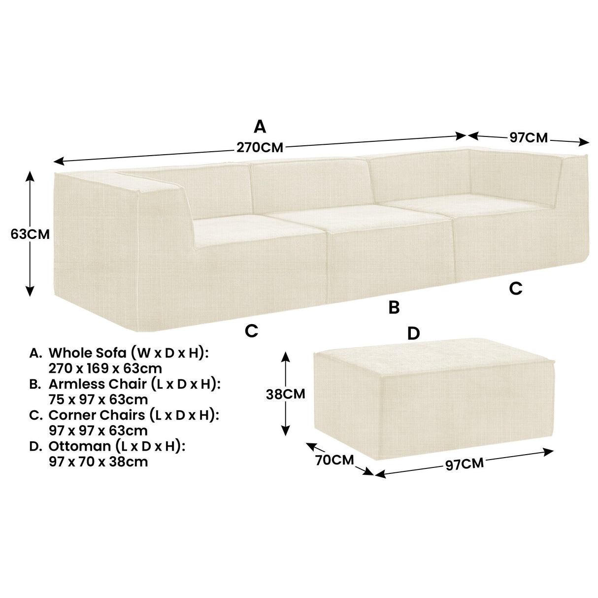 Sarantino Novi 3-Seater Modular Sofa with Ottoman in Cream Non-Slip Bottom Lounge