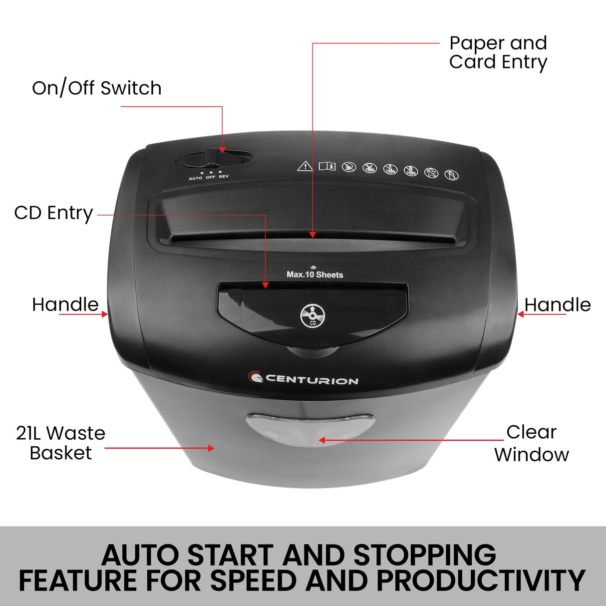 Centurion 21L Cross-Cut Office Shredder 10-Sheet Paper, CD & Credit Card Security