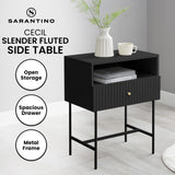 Sarantino Cecil Slender Fluted Bedside Table in Black - Side View