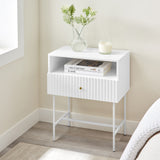 Sarantino Cecil Slender Fluted Bedside Table In White - Low Angle
