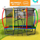 Kahuna 8ft x 11ft Outdoor Rectangular Rainbow Trampoline With Safety Enclosure And Basketball Hoop Set. - Front View
