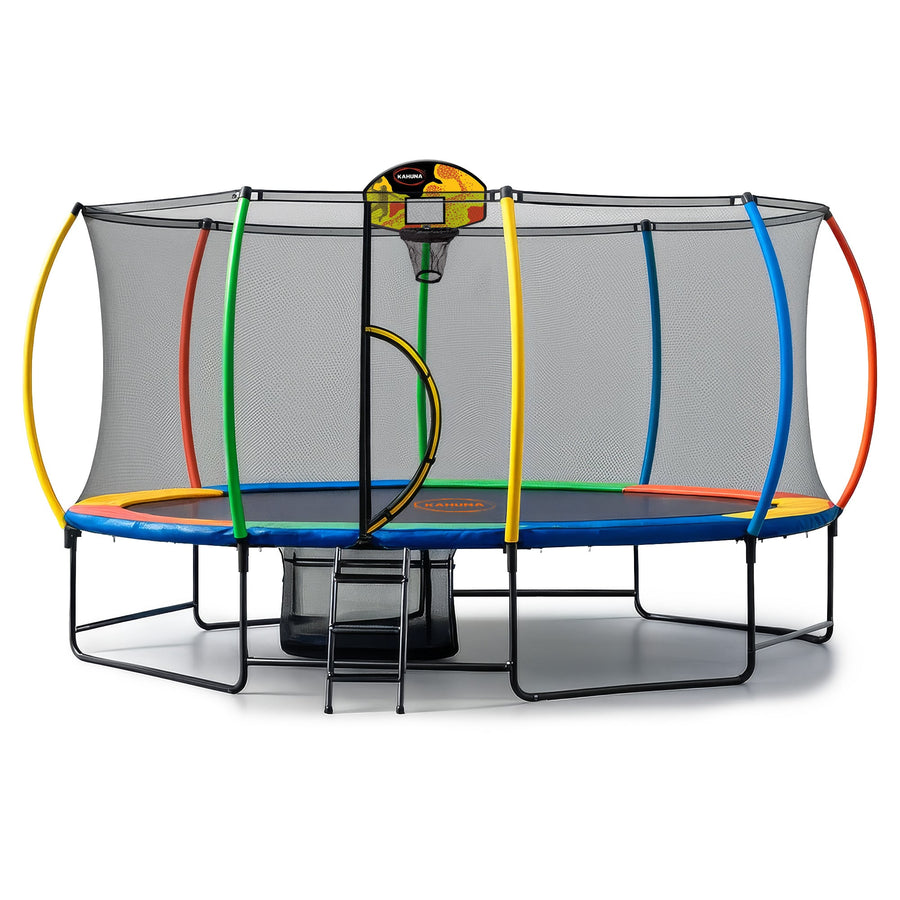 Kahuna 10 ft x 15 ft Oval Outdoor Trampoline L.E.D. Basketball Set Reversible Rainbow & Orange Safety Pad Safety Net Ladder