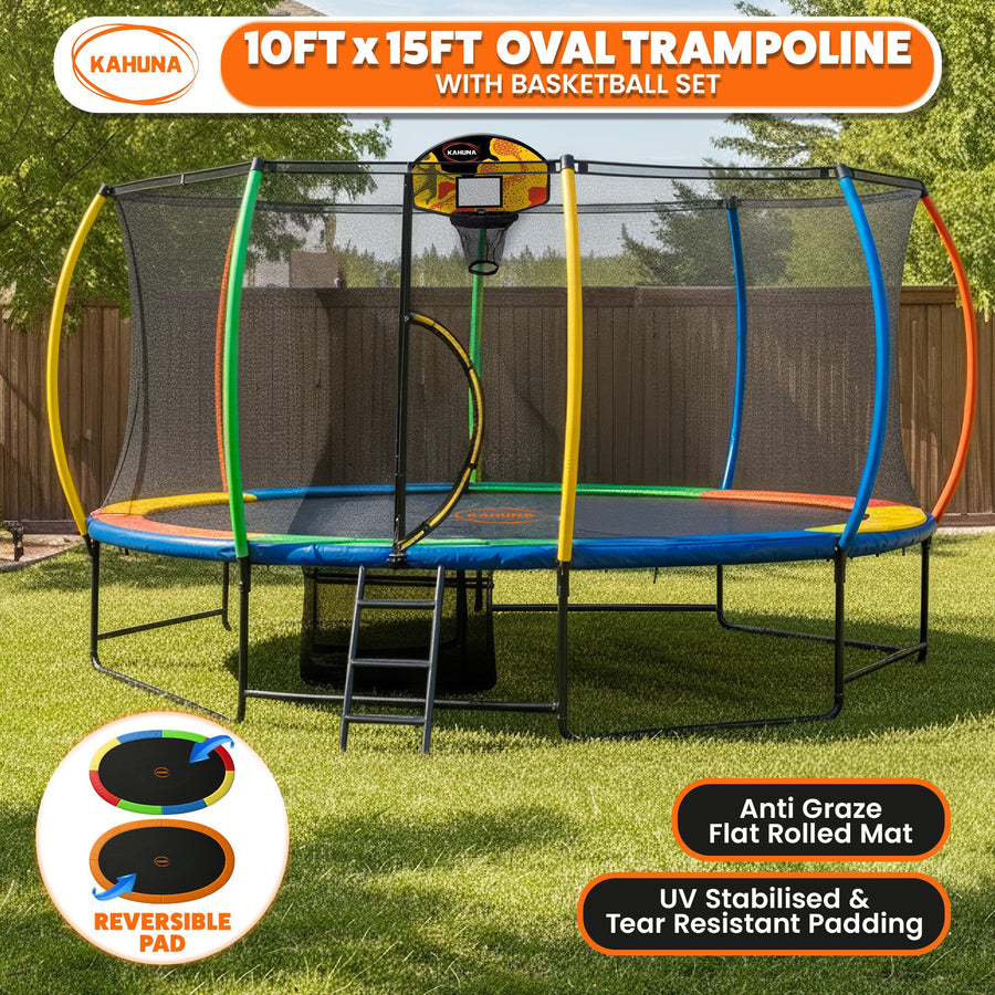 Kahuna 10 ft x 15 ft Oval Outdoor Trampoline L.E.D. Basketball Set Reversible Rainbow & Orange Safety Pad Safety Net Ladder