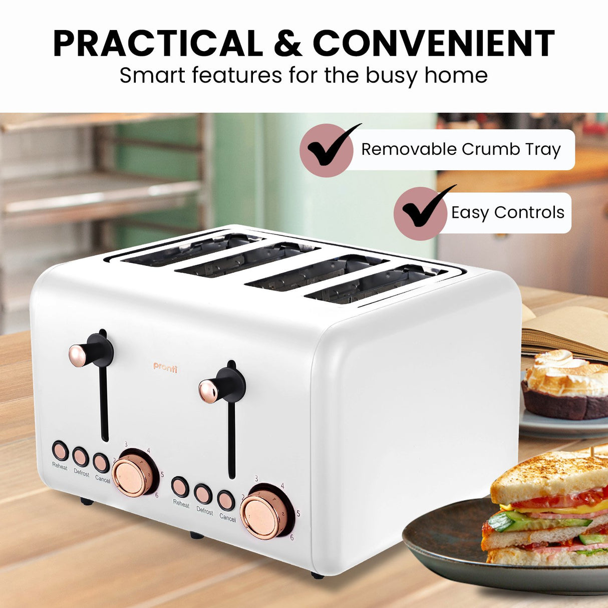 Rose Gold Elegance 4-Slice Toaster - White Finish