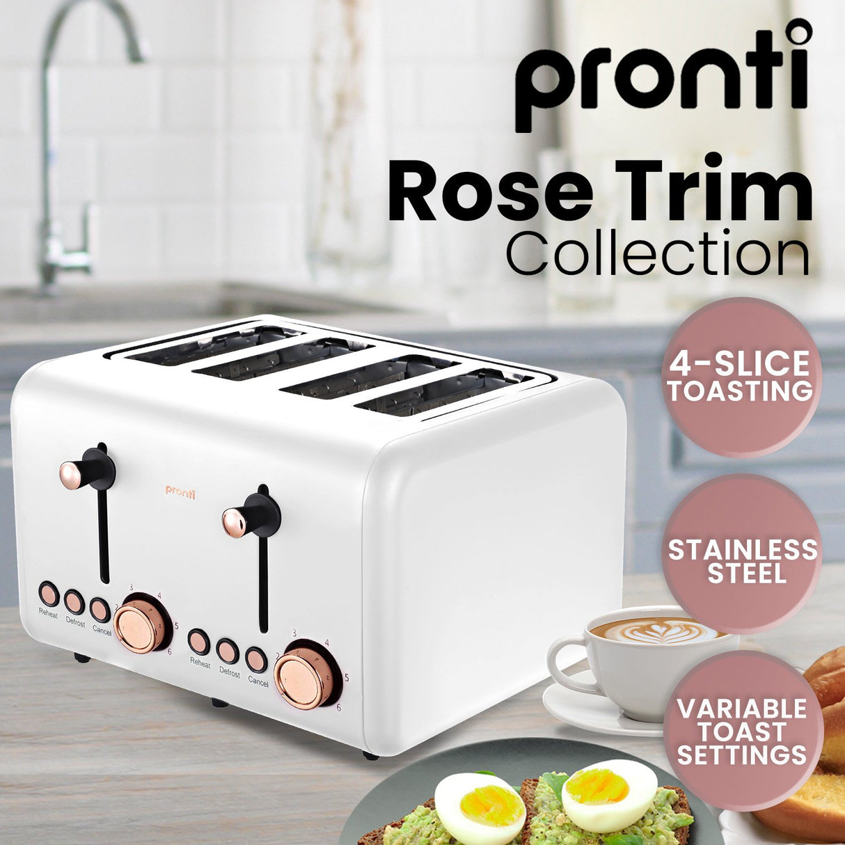 Rose Gold Elegance 4-Slice Toaster - White Finish