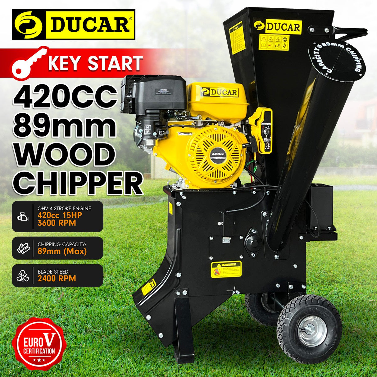 Ducar 89mm Key Electric Start Wood Chipper 420cc 15hp 4-stroke Engine Unleaded Petrol Garden Shredde
