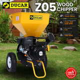 Ducar Wood Chipper Shredder Mulcher Garden 8hp Petrol Motor Upright Grinder - Yellow - Front View