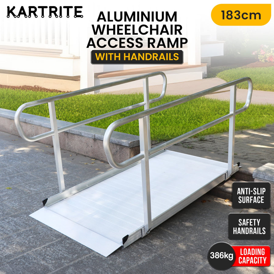 Kartrite 6ft Aluminium Mobility Wheelchair Ramp with Safety Handrails Non-Slip Portable Threshold Ramp 850lbs