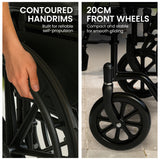 Orthonica New Steel Wheelchair In Black Foldable Lightweight Disability Aid Portable Heavy-duty 24-inch Adjustable Footrest Steel Frame - Low Angle