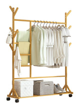 Portable Coat Stand Rack Rail Clothes Hat Garment Hanger Hook with Shelf Bamboo 9 Hook with Rack Rail Natural Finished - Front View