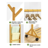 Portable Coat Stand Rack Rail Clothes Hat Garment Hanger Hook with Shelf Bamboo 9 Hook with Rack Rail Natural Finished - Side View