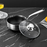 18cm 316L Stainless Steel Saucepan Compound Steel Honeycomb Nonstick Sauce Pan with Glass Lid 1.5L Pot Stay-Cool Handle Multipurpose Milk Saucepan, Induction Capable and Gas Stove - Side View