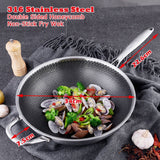 316 Stainless Steel 32cm Non-Stick Stir Fry Cooking Kitchen Wok Pan without Lid Honeycomb Double Sided - Rear View