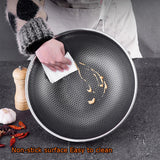 34cm 316 Stainless Steel Non-Stick Stir Fry Cooking Kitchen Wok Pan with Lid Honeycomb Double Sided - Front View