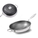 34cm 304 Stainless Steel Non-Stick Stir Fry Cooking Kitchen Wok Pan without Lid Honeycomb Double Sided - Rear View
