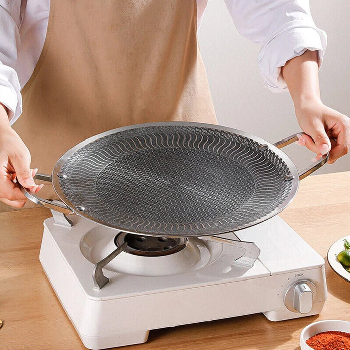 Honeycomb Non-Stick Grill Skewer Plate, 316 Stainless Steel, Portable Barbecue Grill with Handle, Universal Induction Cooktop Compatible, Round Shape,