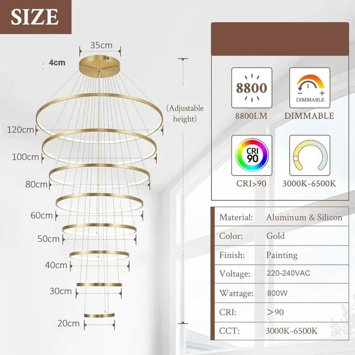 BAMDECOR A18801/8 Nordic Home Decor Dining Room Pendant lamp lights Ceiling Lamp Hanging Light (8 Rings-Gold)
